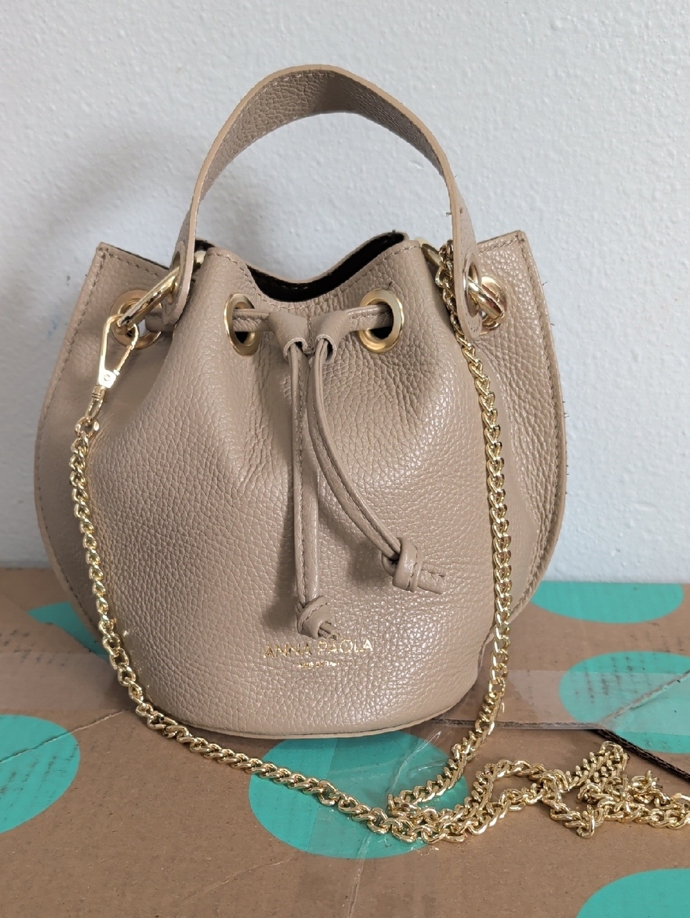 Anna Paola Taupe Beige Leather Drawstring Small Bucket Bag with Gold Chain